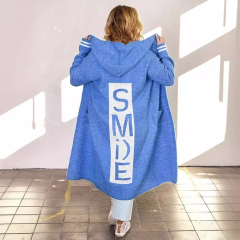 Cárdigan de Punto con Capucha Oversize para Mujer Estampado de Letras Smile Abrigo de Punto Abierto Largo con Bolsillos Casual Cálido