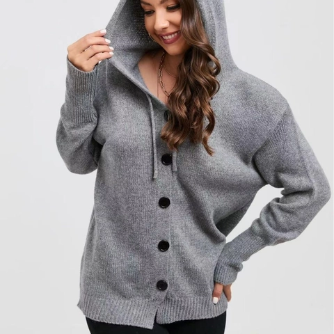 Women Casual Solid Hooded Knit Cardigan Sweater Button Down Drawstring Long Sleeve Loose Outerwear Autumn Winter Fashion