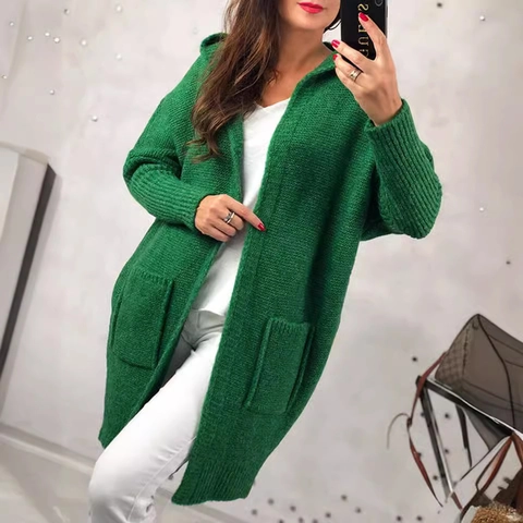 Cardigan Donna Lungo in Maglia Con Cappuccio Oversize Manica a Pipistrello Tasche Aperto Davanti Maglia Grossa Maglione Caldo Capispalla