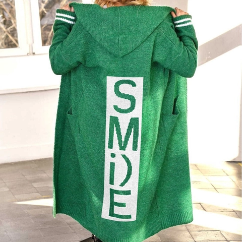 Γυναικεία Oversized Μακριά Πλεκτή Ζακέτα Μείγμα Κασμίρ Προβάτου Πλεκτή Ζακέτα Με Κουκούλα Σχέδιο Smile Casual Πανωφόρι