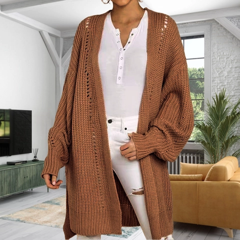Cárdigan de Punto Grueso para Mujer Longitud Media Calado Color Sólido Suéter Abierto Otoño Invierno Abrigo Casual