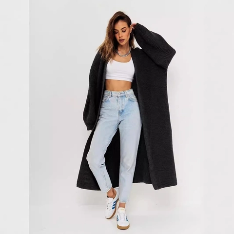 Cardigan long en grosse maille pour femme Coupe oversized avec devant ouvert pull décontracté ample automne hiver chaud poignets côtelés
