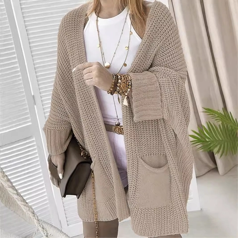 Cardigan in Maglia Grossa da Donna Oversize Manica Lunga Scollo a V Lunghezza Media Cappotto Maglione Con Tasche Tinta Unita