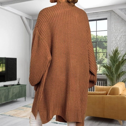 Cárdigan de Punto Grueso para Mujer Longitud Media Calado Color Sólido Suéter Abierto Otoño Invierno Abrigo Casual