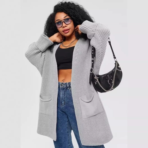Cardigan in Maglia Oversize Casual da Donna Maglione Aperto sul Davanti con Maniche Lunghe e Tasche Abbigliamento Esterno