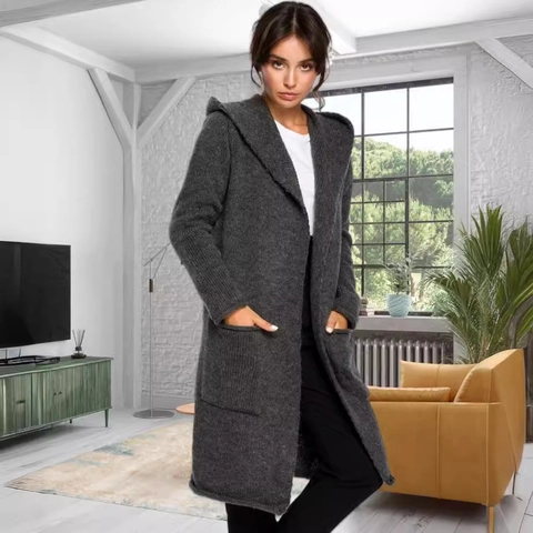 Dames Casual Gebreid Vest Met Kapuchon Lange Mouw Open Voorkant Trui Jas Met Zakken Effen Kleur Grof Gebreide Bovenkleding