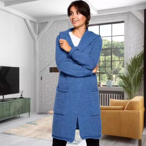 Dames Casual Gebreid Vest Met Kapuchon Lange Mouw Open Voorkant Trui Jas Met Zakken Effen Kleur Grof Gebreide Bovenkleding