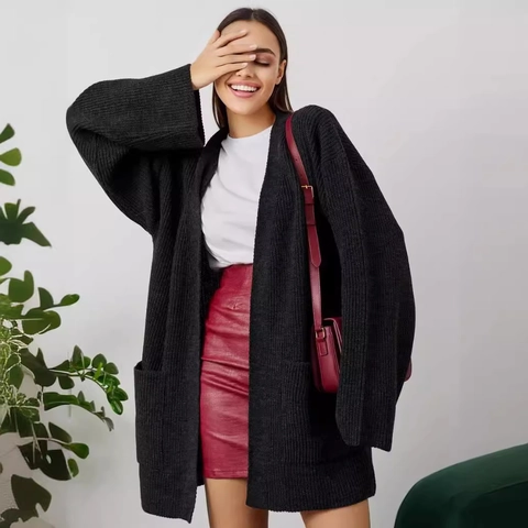 Γυναικεία Oversized Πλεκτή Ζακέτα Πουλόβερ Χαλαρή Λαιμόκοψη V Μακρύ Μανίκι Μονόχρωμο Εξωτερικά Ενδύματα Τσέπες Φθινόπωρο Χειμώνας
