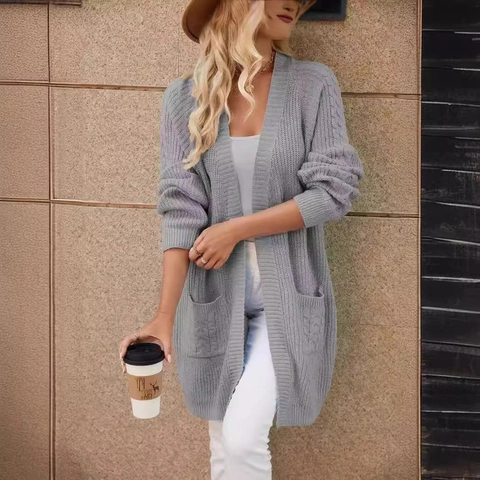 Cardigan Lungo in Maglia a Trecce da Donna Maglione Aperto Davanti Con Tasche Casual Scollo a V Capispalla per Autunno Inverno