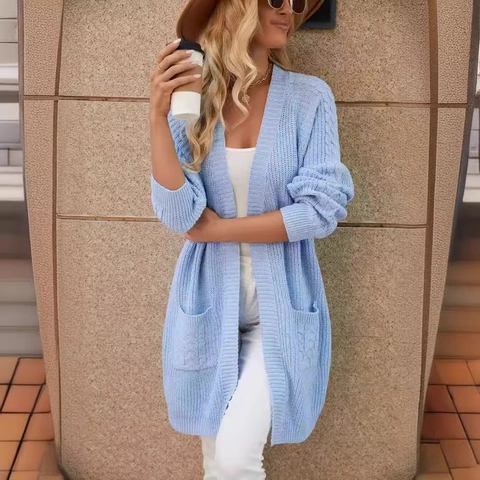 Cardigan Lungo in Maglia a Trecce da Donna Maglione Aperto Davanti Con Tasche Casual Scollo a V Capispalla per Autunno Inverno