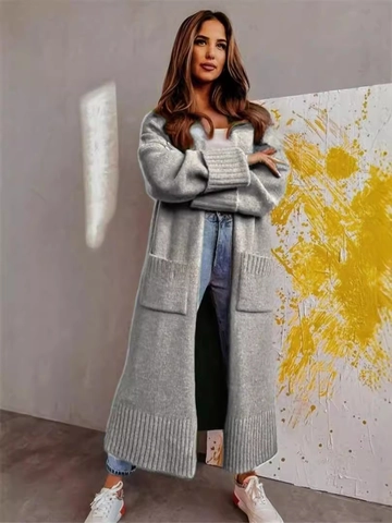 Damen Casual Lang Strickjacke Strickpullover Locker V-Ausschnitt Offene Vorderseite Oberbekleidung Mit Taschen Einfarbig Strickmantel