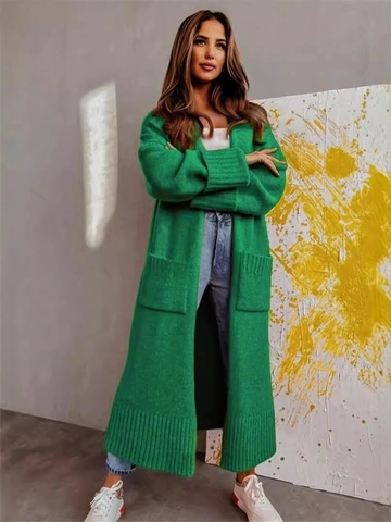 Damen Casual Lang Strickjacke Strickpullover Locker V-Ausschnitt Offene Vorderseite Oberbekleidung Mit Taschen Einfarbig Strickmantel