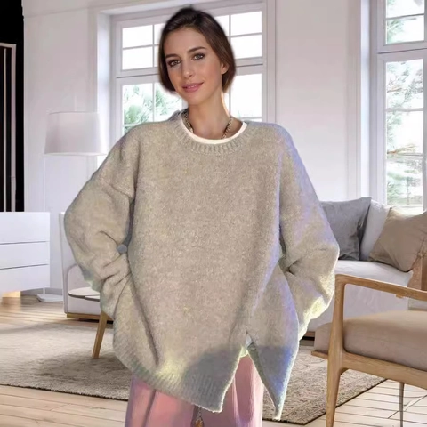 Maglione in Maglia Oversize da Donna Girocollo Spacco Laterale Pullover Largo Casual Tinta Unita Inverno Caldo