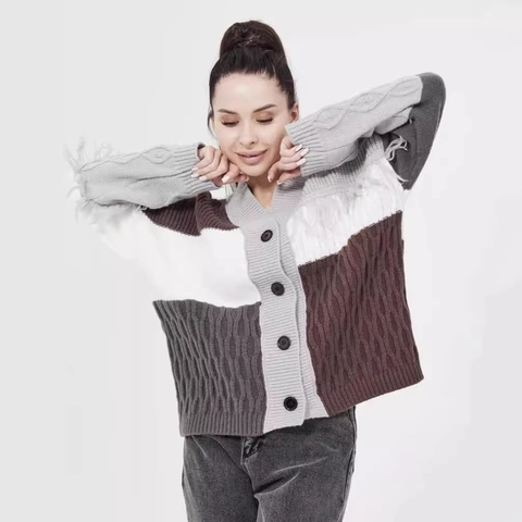 Damen Farbblock Strickjacke Übergröße V-Ausschnitt Zopfmuster Strickpullover Mit Fransenbesatz Lässig Strickmantel