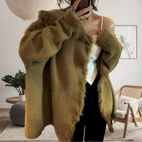 Women Casual Loose Knit Cardigan With Tassels Large Lapel Long Sleeve Oversized Open Front Sweater Coat Outerwear