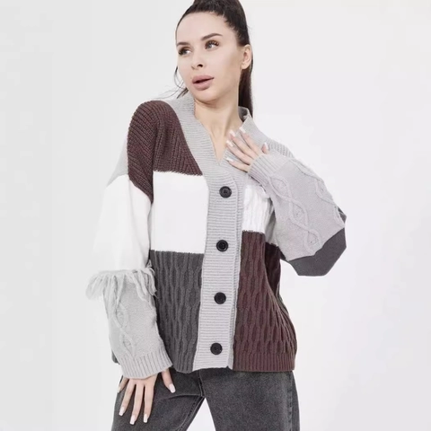 Damen Farbblock Strickjacke Übergröße V-Ausschnitt Zopfmuster Strickpullover Mit Fransenbesatz Lässig Strickmantel