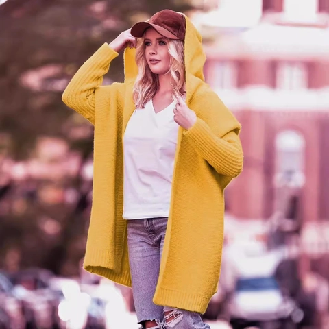 Damen Mode Strickjacke mit Kapuze Übergroße Fledermausärmel Mittellange Offene Vorderseite Pullover Lässig Warme Lose Strickwaren Oberbekleidung