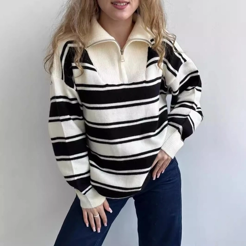 Women Half Zip Striped Knit Sweater Oversized Long Sleeve Polo Collar Jumper Loose Casual Wool Blend Pullover Fall Winter Top