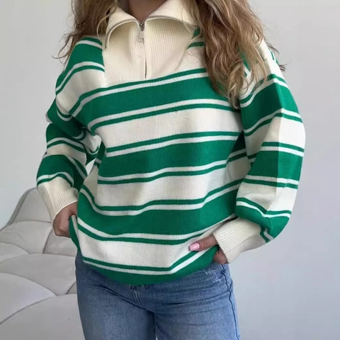 Women Half Zip Striped Knit Sweater Oversized Long Sleeve Polo Collar Jumper Loose Casual Wool Blend Pullover Fall Winter Top