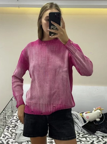 Suéter de Punto Distressed Oversize para Mujer Cuello Redondo Manga Larga Rojo Rosa Estilo Relajado Streetwear Pullover