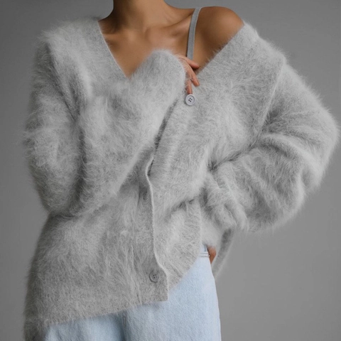 Women V Neck Faux Mink Plush Cardigan Loose Knit Sweater Button Down Solid Color Autumn Winter Casual Outerwear Top
