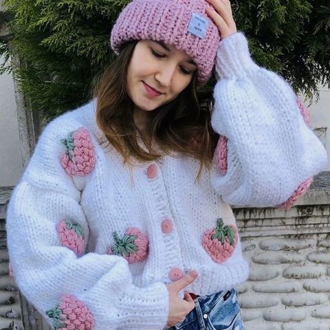 Cárdigan de Punto para Mujer Fresa 3D Cuello en V Manga Linterna Corte Holgado Tejido a Mano Corto Chaqueta de Punto