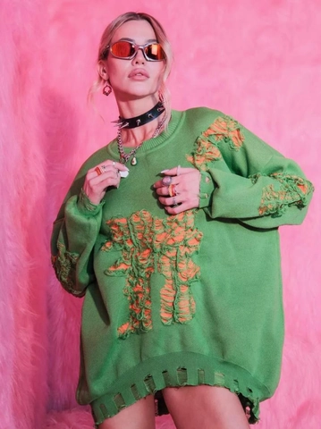 Suéter de Punto Desgastado para Mujer Ajuste Holgado Cuello Redondo Manga Larga Estilo Punk Streetwear Mezcla Algodón