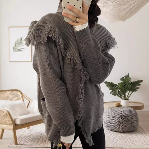 Women Casual Loose Knit Cardigan With Tassels Large Lapel Long Sleeve Oversized Open Front Sweater Coat Outerwear