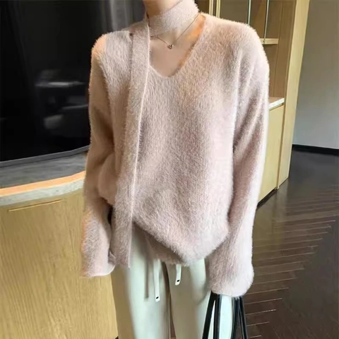 Women's Faux Mink Fur Pullover Sweater With Scarf V-Neck Loose Knitwear Soft Warm Fuzzy Long Sleeve Top Korean Style