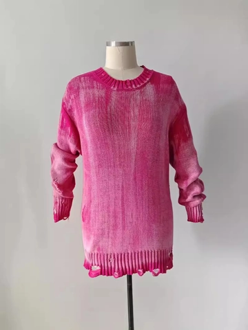 Suéter de Punto Distressed Oversize para Mujer Cuello Redondo Manga Larga Rojo Rosa Estilo Relajado Streetwear Pullover