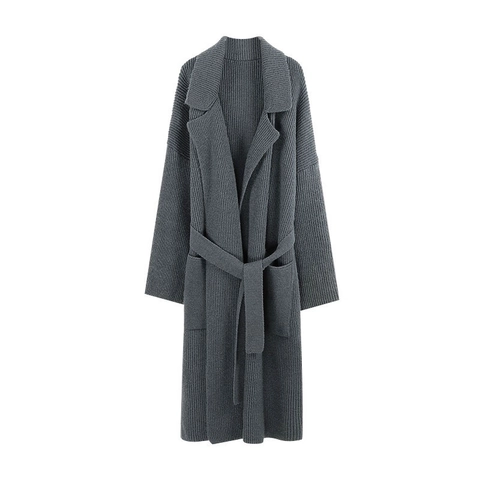 Women's Long Knit Cardigan Sweater Loose Lapel Open Front Coat With Pocket And Belt Warm Acrylic Wool Blend Outerwear