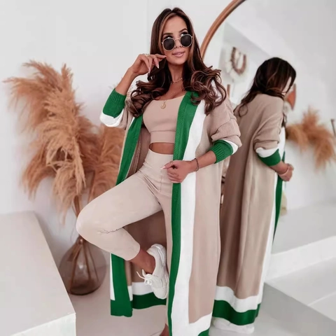 Women Oversized Knit Cardigan Contrast Color Block Stripe Longline Sweater Coat With Pocket Loose V Neck Knitwear Outerwear
