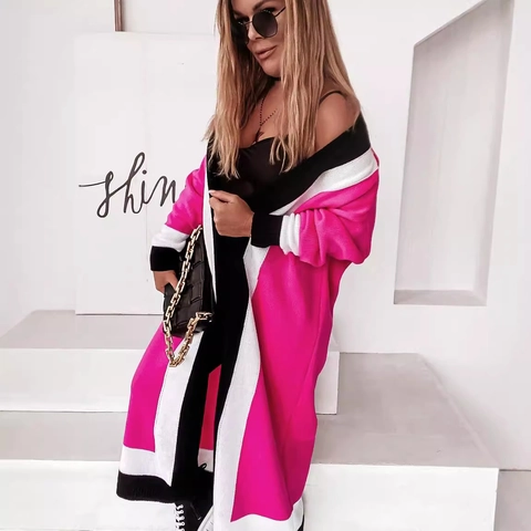 Women Oversized Knit Cardigan Contrast Color Block Stripe Longline Sweater Coat With Pocket Loose V Neck Knitwear Outerwear