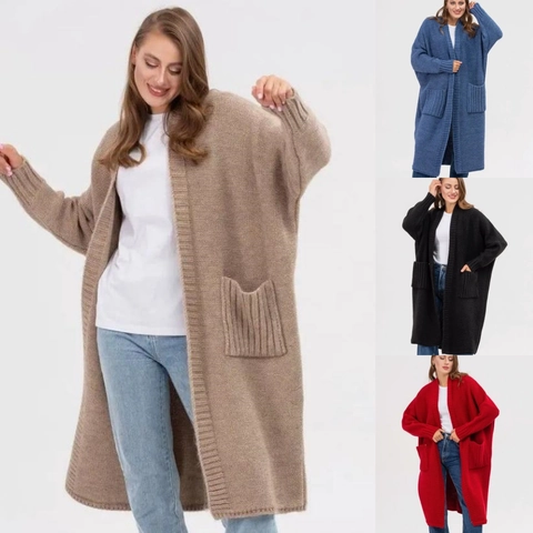 Damen Lange Strickjacke Pullover Oversize Locker V-Ausschnitt Offene Front Oberbekleidung Einfarbig Mit Taschen Winter Warmer Mantel