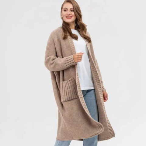 Damen Lange Strickjacke Pullover Oversize Locker V-Ausschnitt Offene Front Oberbekleidung Einfarbig Mit Taschen Winter Warmer Mantel