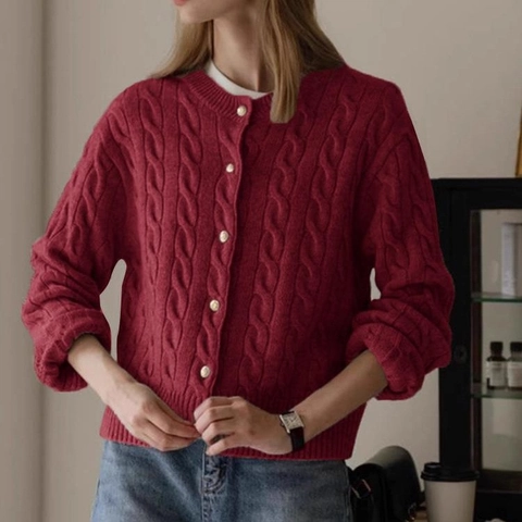 Cardigan en Tricot à Torsades Rétro pour Femmes Mélange Acrylique Polyester Col Rond Simple Boutonnage Pull Veste
