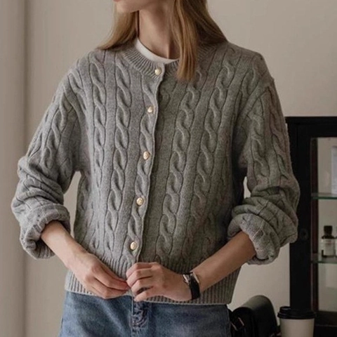 Cardigan en Tricot à Torsades Rétro pour Femmes Mélange Acrylique Polyester Col Rond Simple Boutonnage Pull Veste