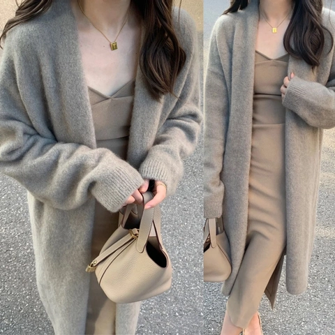 Cárdigan Largo de Punto Oversize para Mujer Cuello en V Abrigo de Punto Cálido Frente Abierto Casual Color Sólido Otoño Invierno