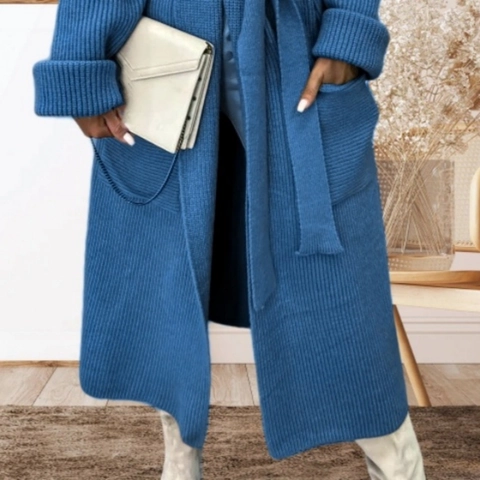 Women's Long Knit Cardigan Sweater Loose Lapel Open Front Coat With Pocket And Belt Warm Acrylic Wool Blend Outerwear