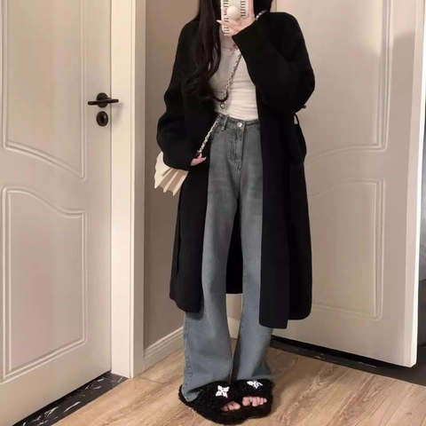 Cárdigan Largo de Punto Oversize para Mujer Cuello en V Abrigo de Punto Cálido Frente Abierto Casual Color Sólido Otoño Invierno