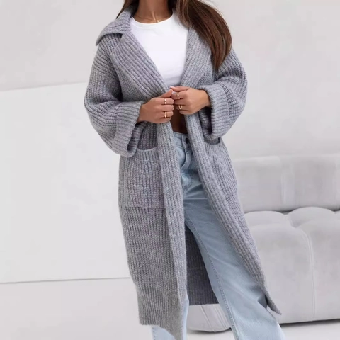 Cardigan in Maglia Oversize da Donna Cappotto Maglione a Media Lunghezza con Revers e Tasche Tinta Unita Manica Lunga