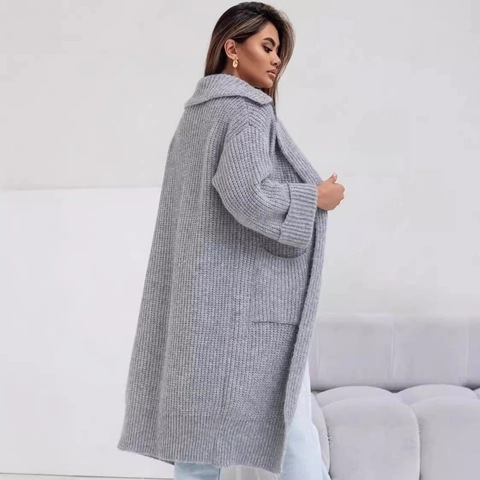 Cardigan in Maglia Oversize da Donna Cappotto Maglione a Media Lunghezza con Revers e Tasche Tinta Unita Manica Lunga