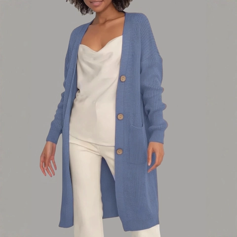Dames Casual Losse Middellange Gebreide Cardigan V-Hals Knoopsluiting Trui Jas Met Zakken Effen Kleur Lange Mouwen Outwear