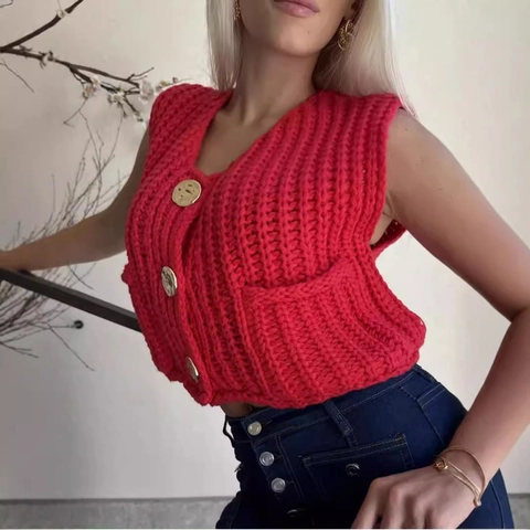 Dames Casual V-hals Gebreid Vest Cardigan Met Drie Knoppen En Zakken Effen Kleur Mouwloos Gebreide Trui Top Herfst