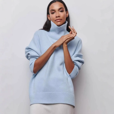 Women Casual Oversized High Neck Knit Sweater Solid Color Drop Shoulder Loose Pullover Jumper Autumn Winter Fashion Top