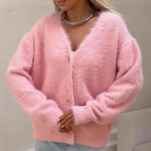 Women Faux Mink Fur Cardigan Loose V-Neck Long Sleeve Button Down Knit Sweater Warm Casual Elegant Open Front Top