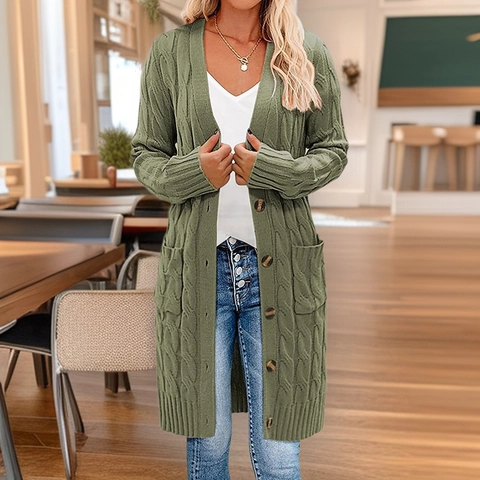 Langer Damen Strickcardigan Mit Zopfmuster Und Knöpfen Lockerer Freizeit Strickmantel Mit Taschen V-Ausschnitt Herbst Winter Strickwaren