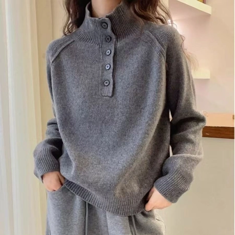 Damen Casual Strickpullover Stehkragen Knopfdesign Langarm Pullover Weich Warm Einfarbig Minimalistisch Herbst Winter Top