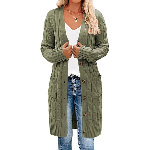 Langer Damen Strickcardigan Mit Zopfmuster Und Knöpfen Lockerer Freizeit Strickmantel Mit Taschen V-Ausschnitt Herbst Winter Strickwaren