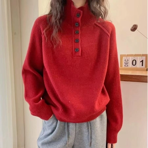 Damen Casual Strickpullover Stehkragen Knopfdesign Langarm Pullover Weich Warm Einfarbig Minimalistisch Herbst Winter Top